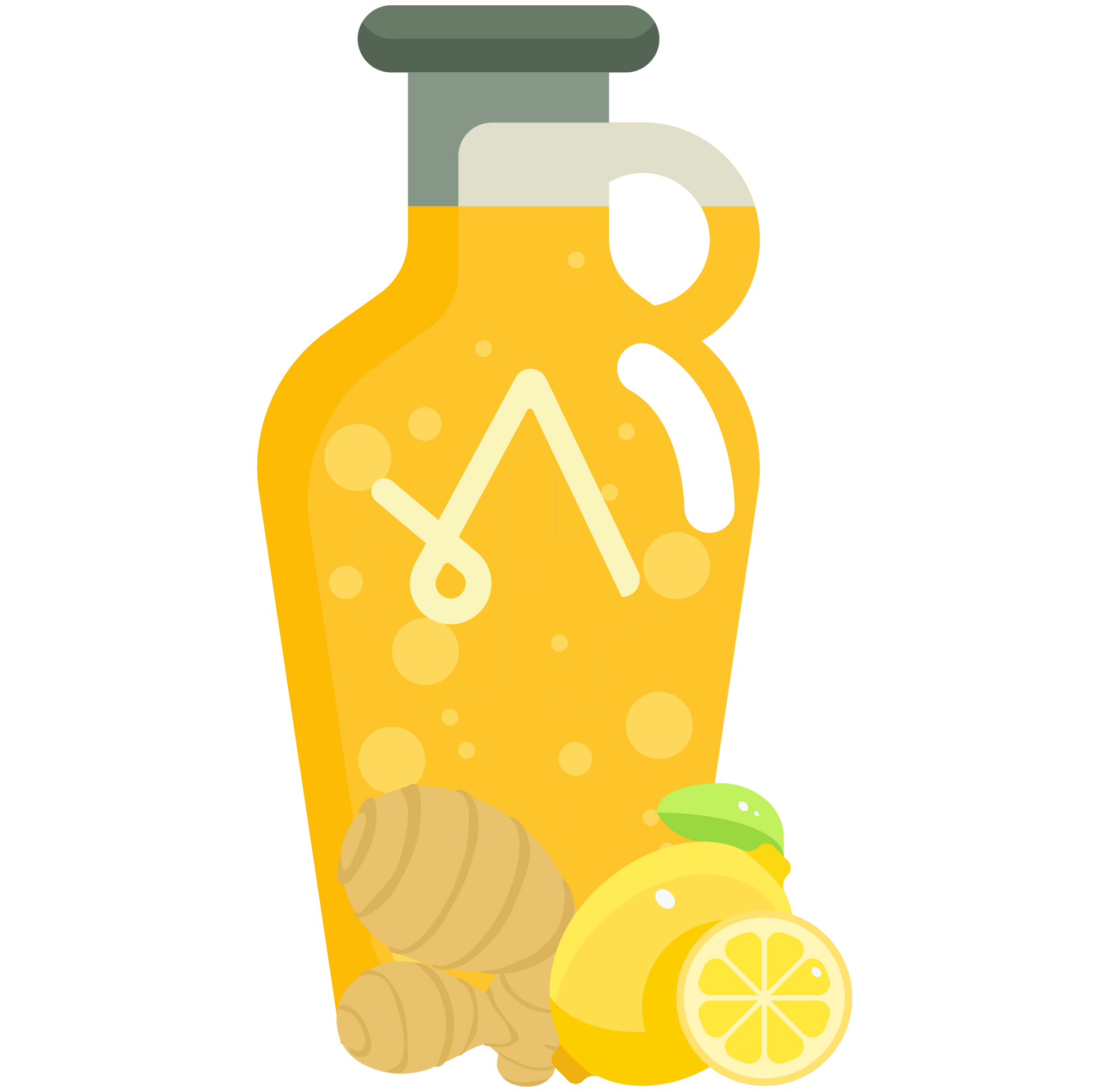 A pitcher of lemonade with ginger and lemons on a white background.