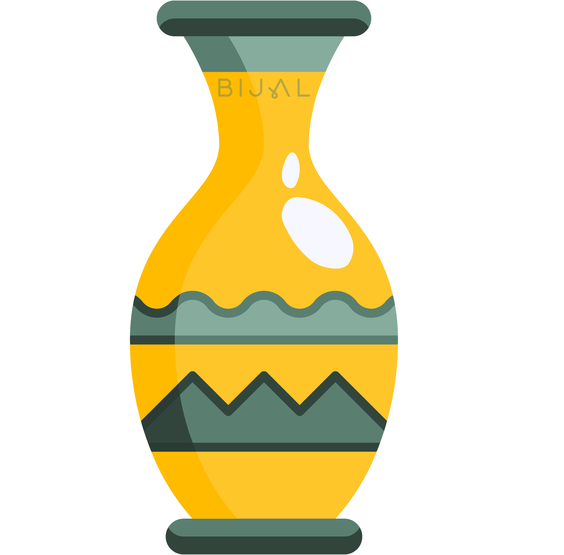 A yellow vase with a green design on it is on a white background.