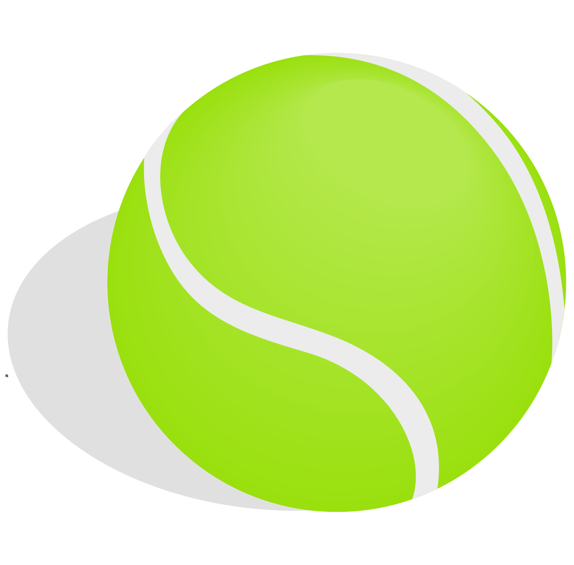 A green tennis ball with a white stripe on a white background.