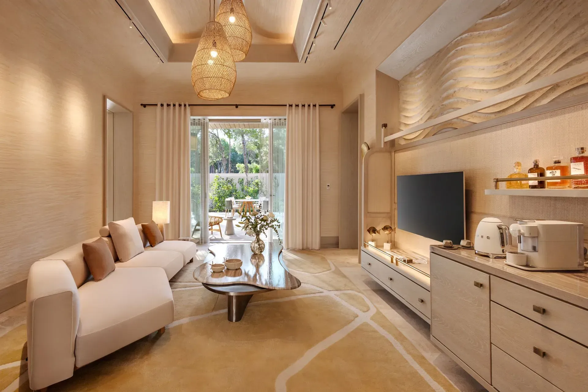 A living room with a couch and a television