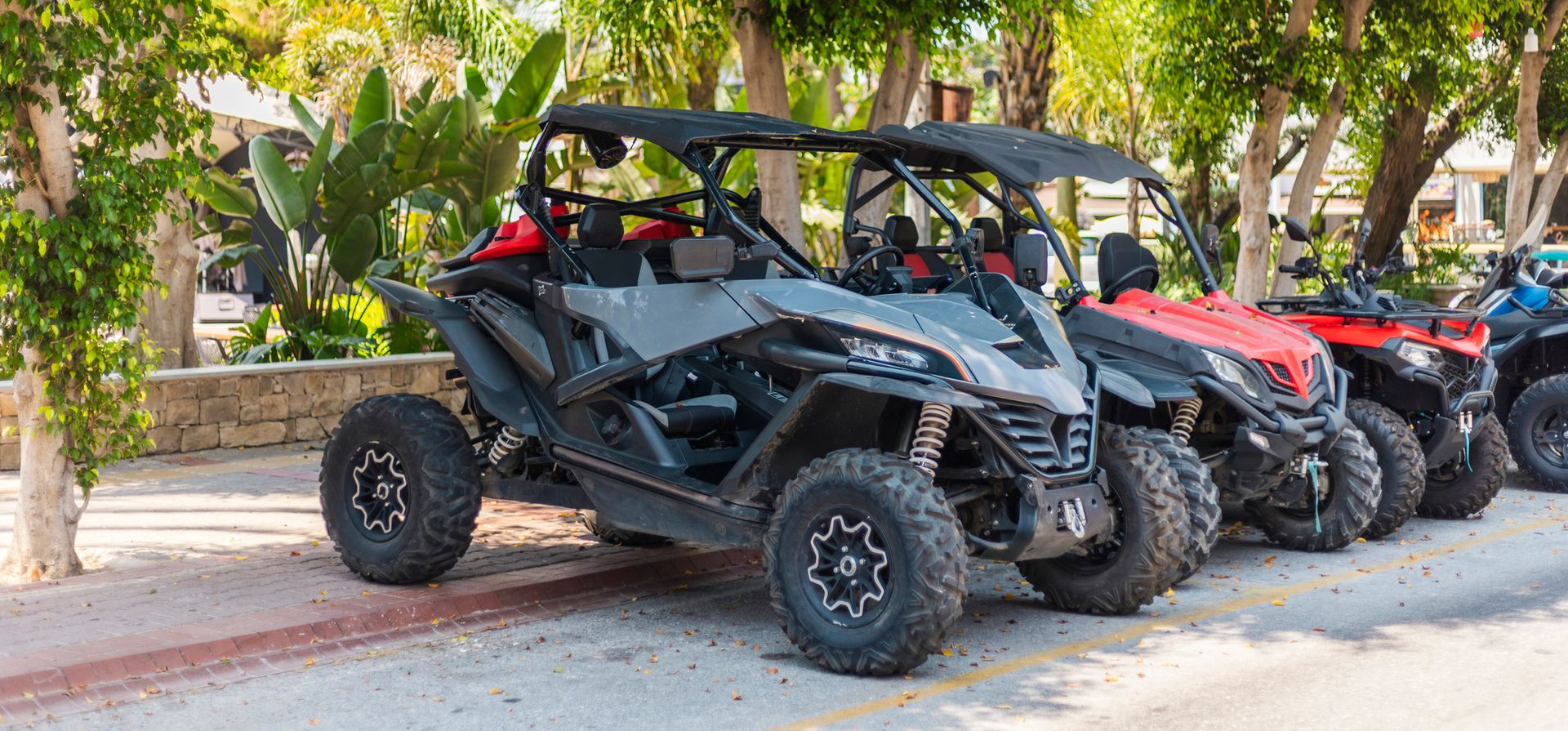 Side-by-side UTVs are parked under trees on a sunny day.