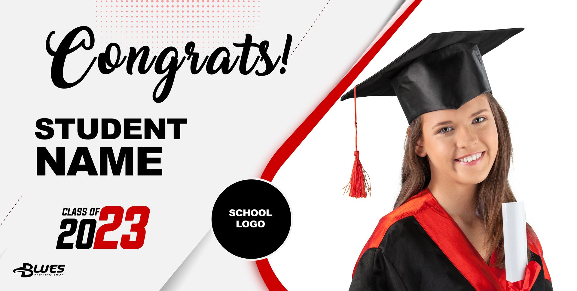 A girl is wearing a graduation cap and gown and holding a diploma.