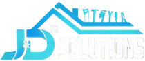 Logo of JD Solutions, a construction company, featuring a house outline and tools on top, with the letters "JD" in teal.