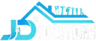 Logo of JD Solutions, a construction company, featuring a house outline and tools on top, with the letters "JD" in teal.