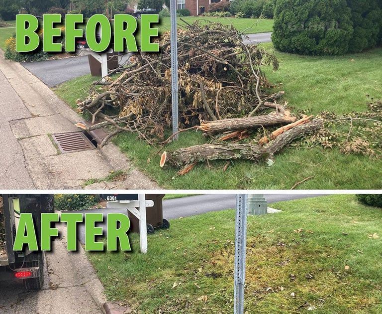 Before and after photos: a pile of tree branches on grass replaced with clean lawn.