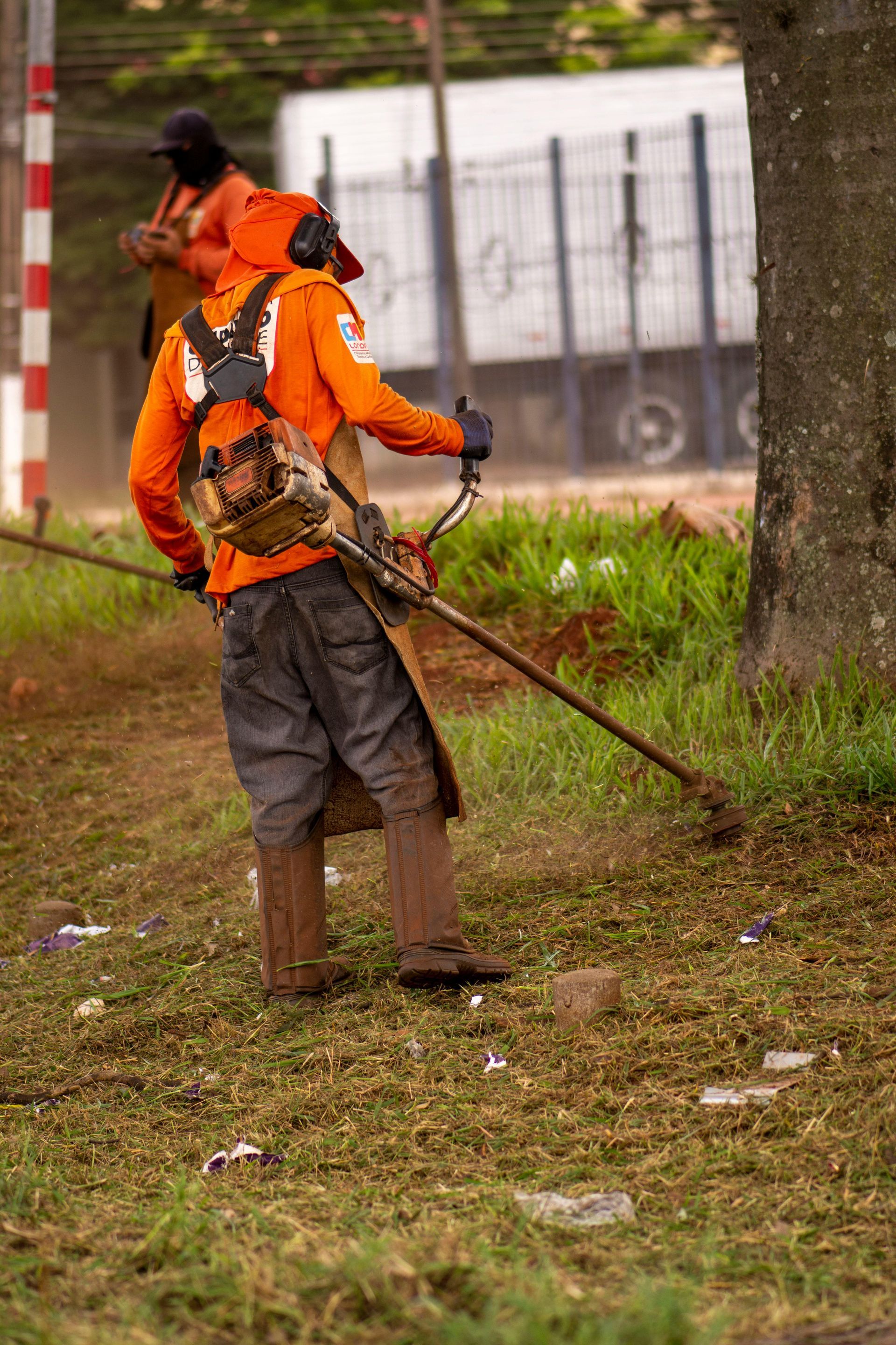 Person in orange safety gear using a weed wacker near a tree, grass, and a parked vehicle.