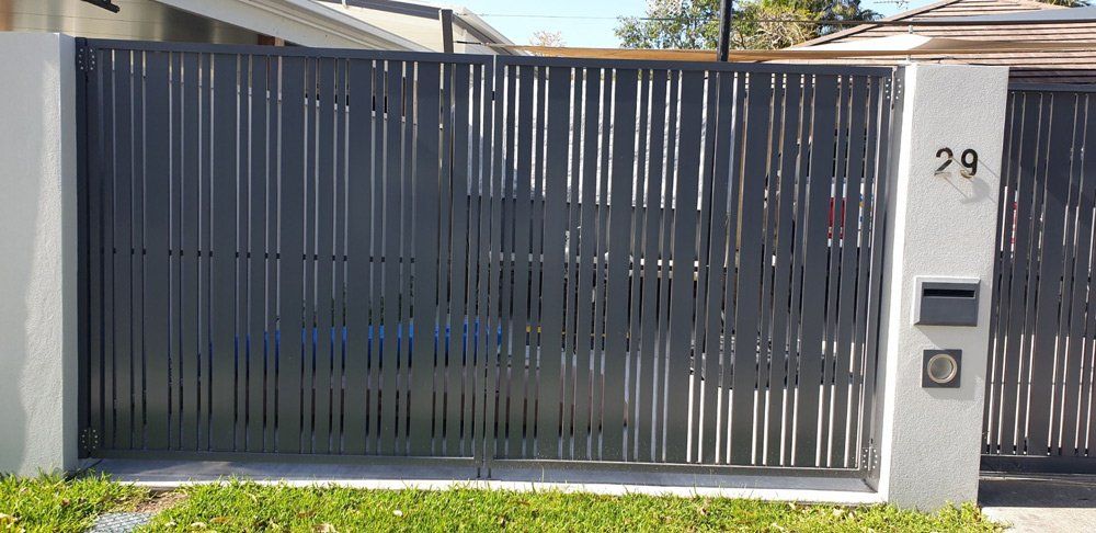 Dark Aluminum Grey Gates With Number Tewnty Nine — Aluminium Gates in Burleigh Head, QLD