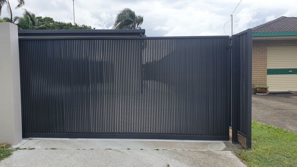 Aluminim Gates With Grey Colours Open — Aluminium Gates in Burleigh Head, QLD