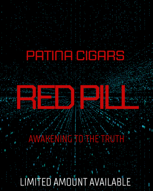Patina Cigars Red Pill cigar advertisement. Red text on black background with matrix-like lines, 