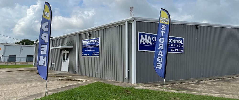 A gray building with blue 