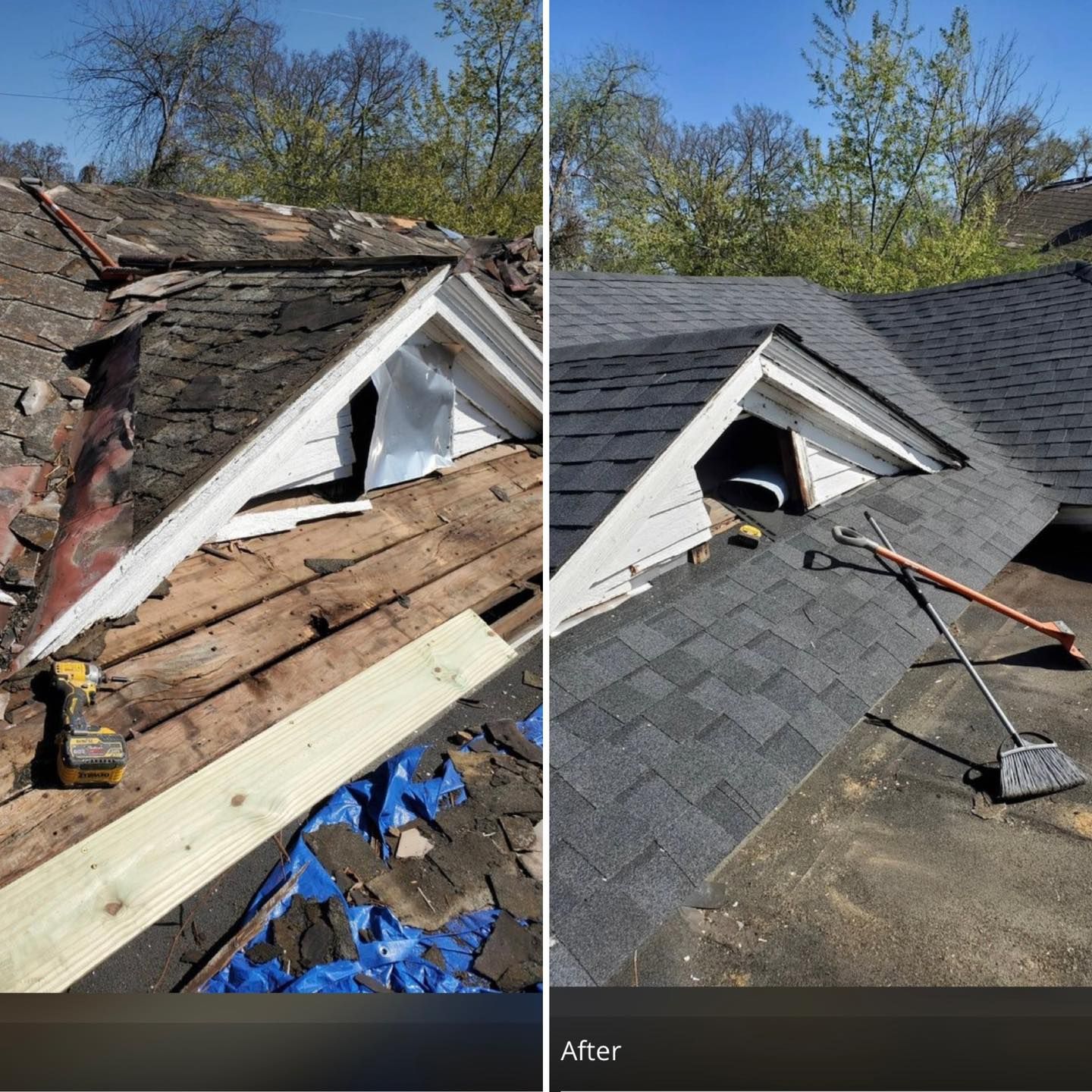 Before and after view of a roof repair. Old, damaged roof next to newly shingled roof.