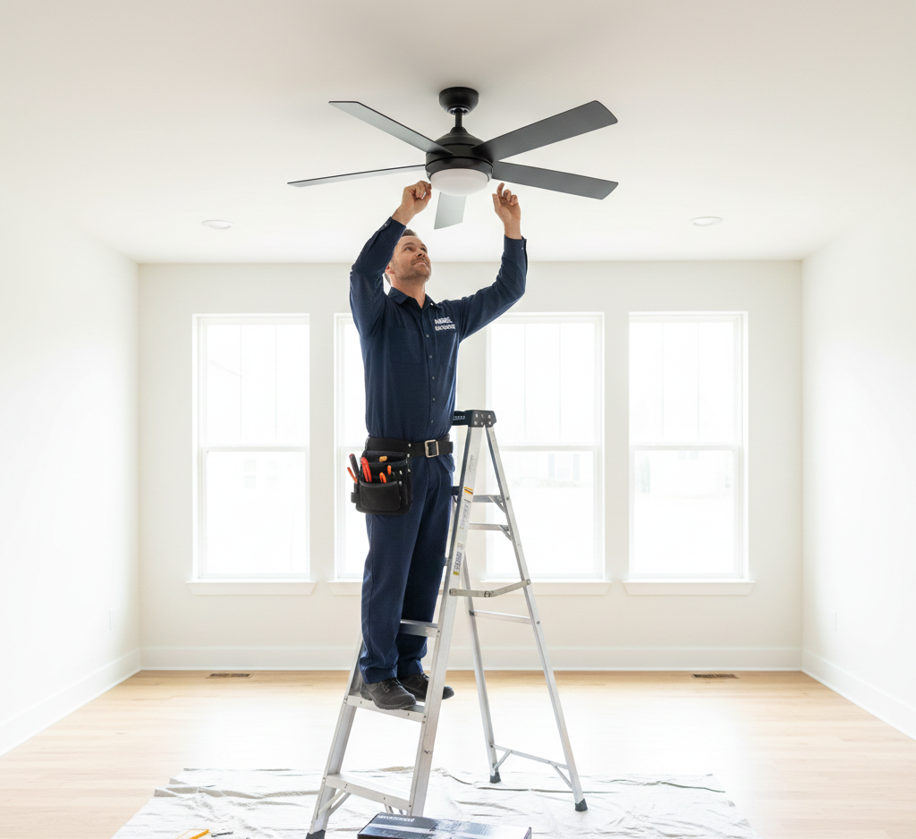 Electrician on a ladder installing a ceiling fan in a bright room with windows.