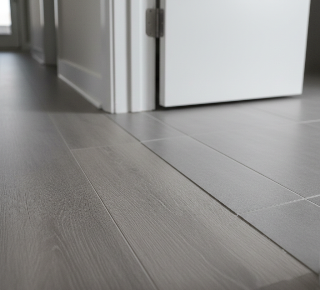 Gray laminate flooring with a white door and frame in the background.