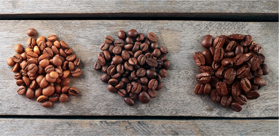 Three different types of coffee beans are sitting on a wooden table.