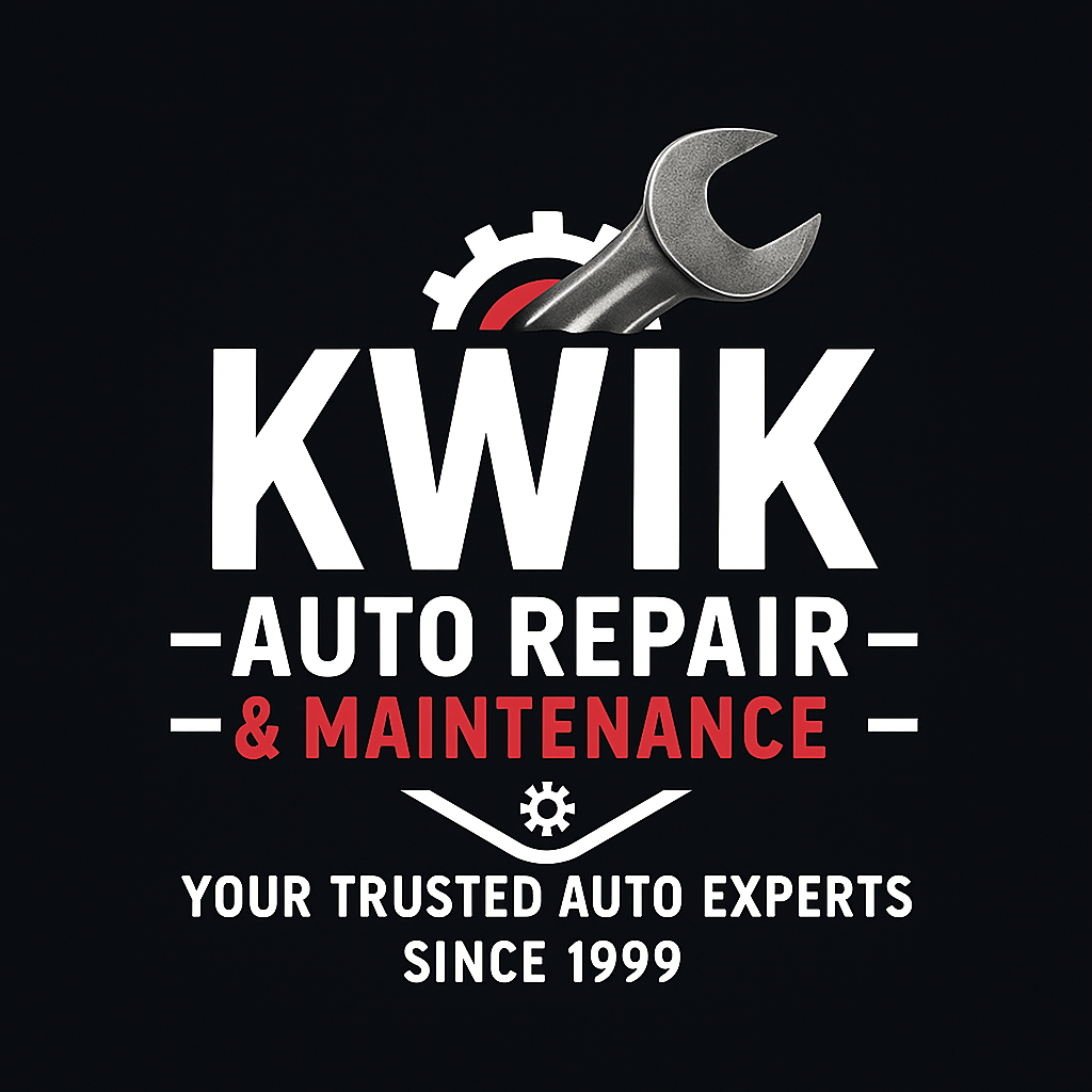 Kwik Kar logo: orange oil drop inside a circle, text "Kwik Kar Lube & Tune" below.