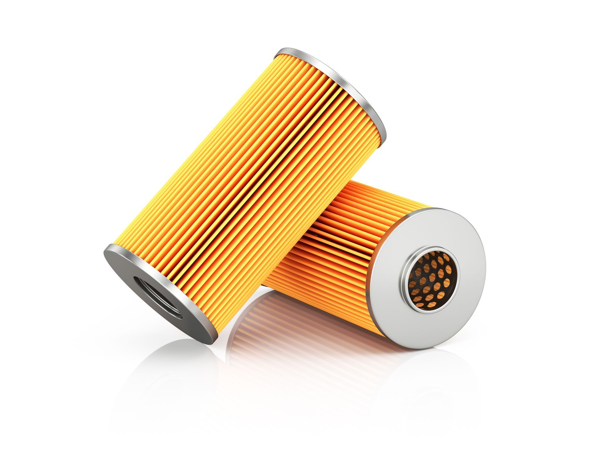 Two cylindrical yellow pleated filters with silver ends.