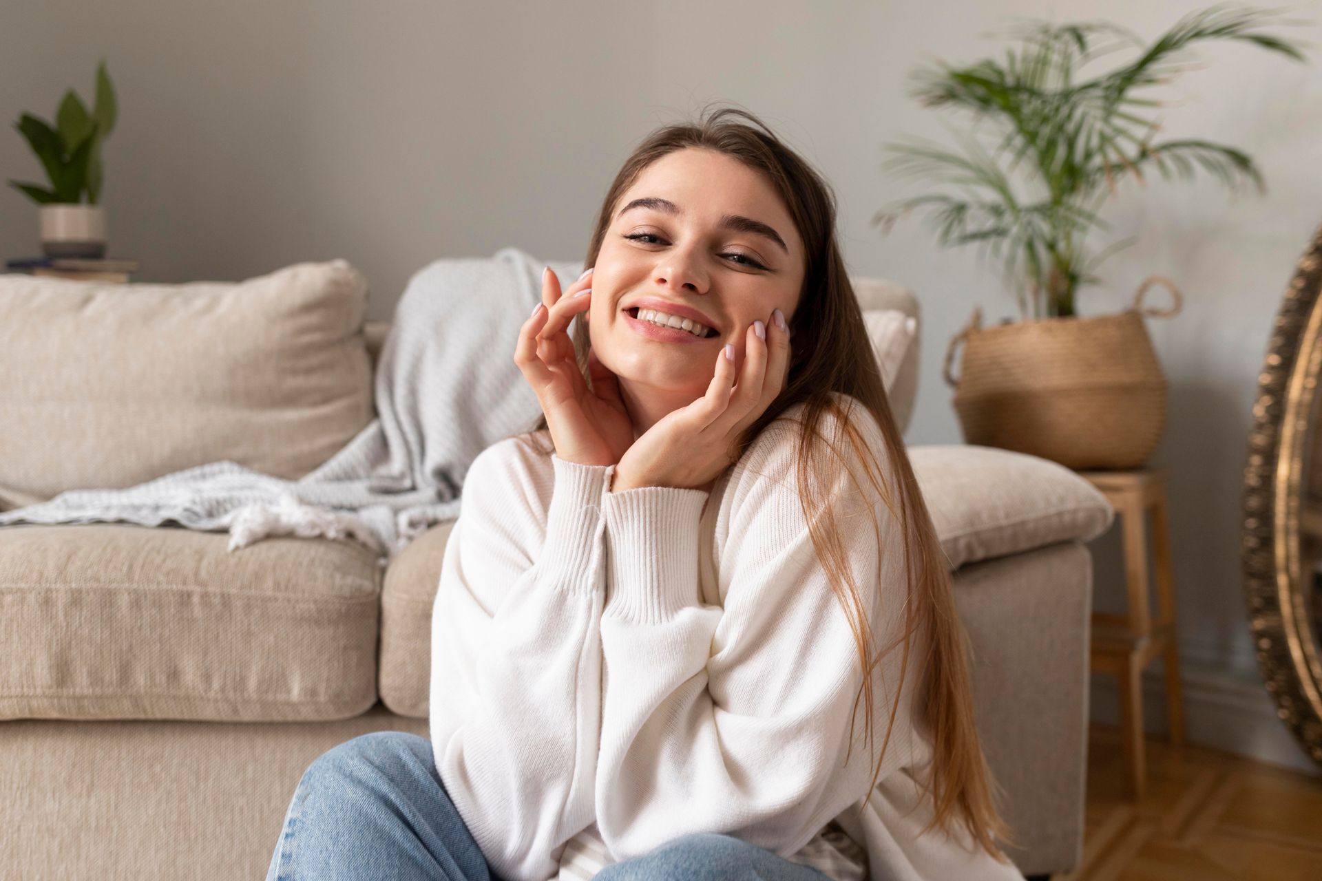 A woman is sitting on the floor in front of a couch and smiling.