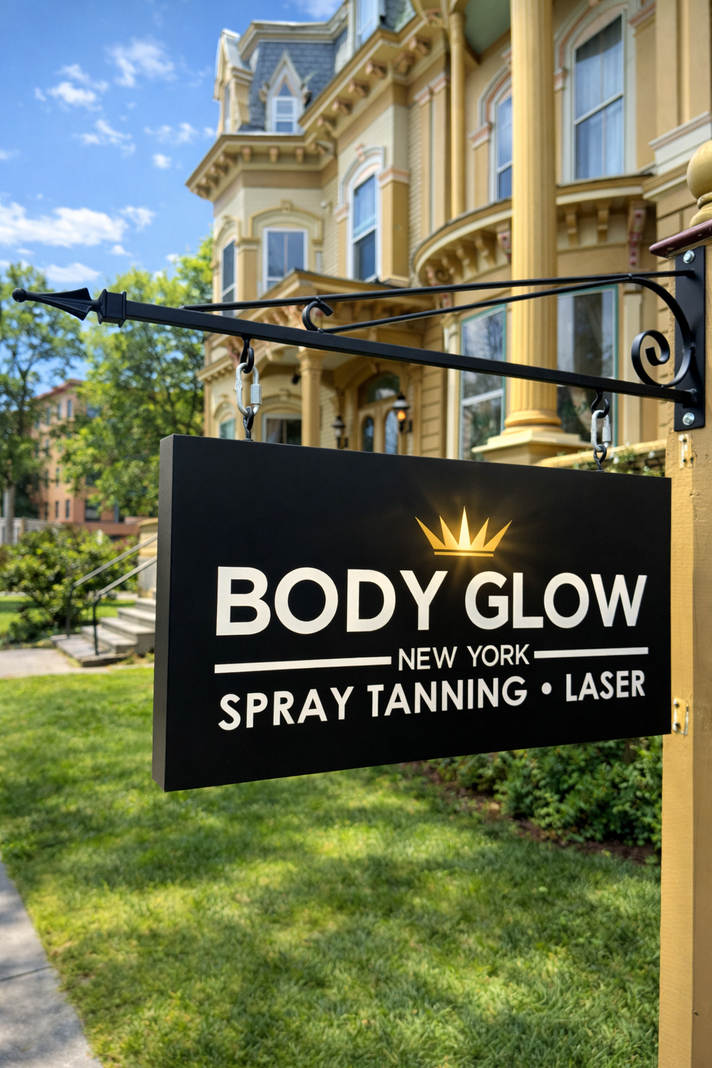 A black rectangular sign reading