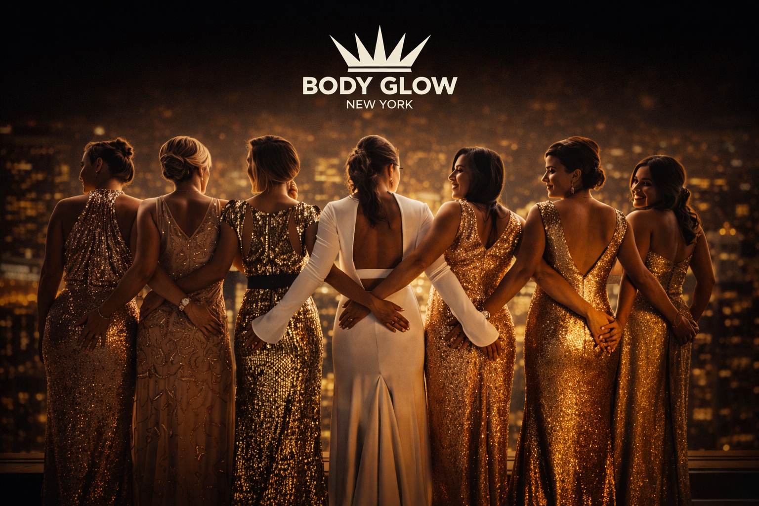 Group of women in gold gowns with backs to the camera, arms linked, in front of city lights; Body Glow New York logo.