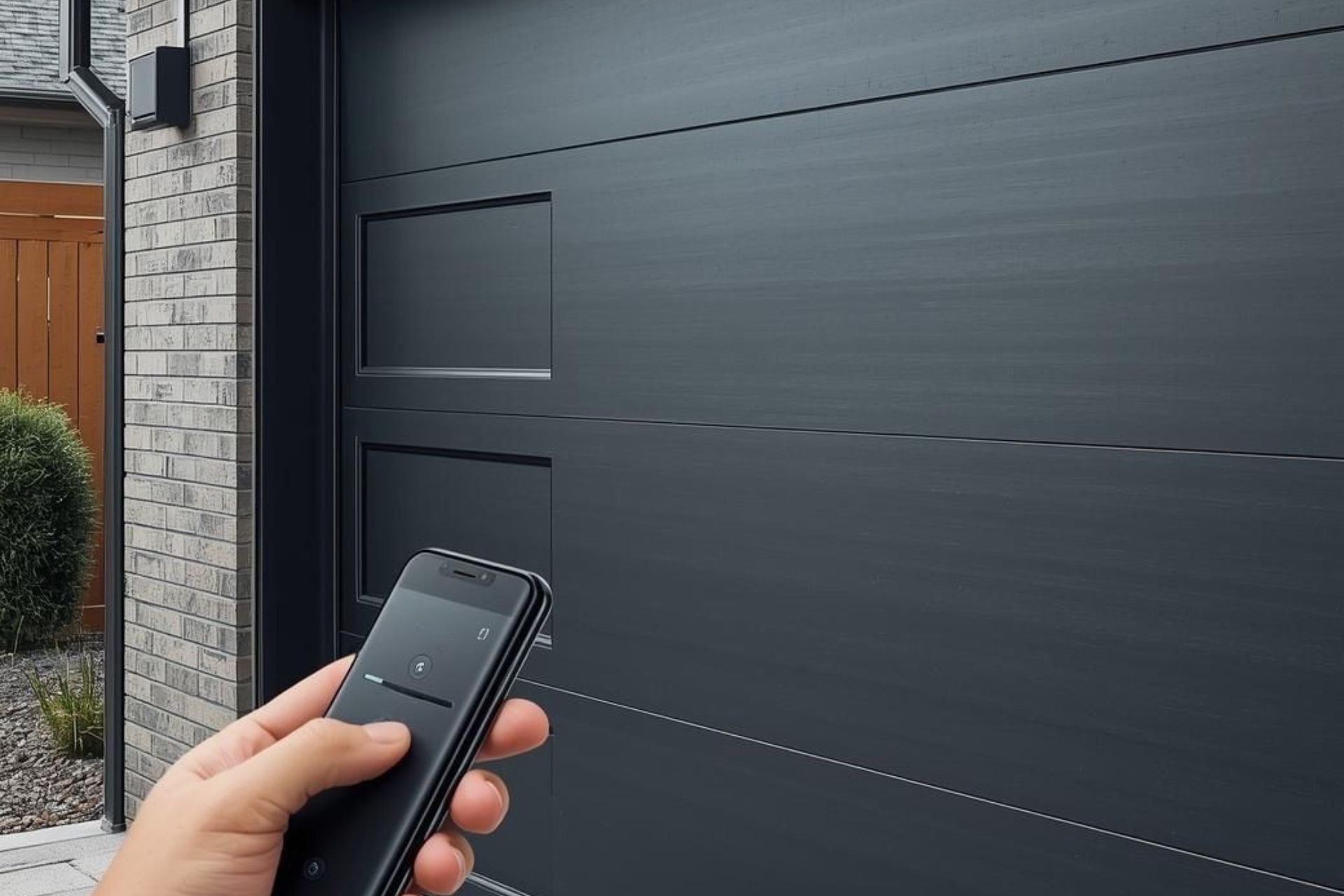 A hand holds a remote control aimed at a modern, dark gray garage door on a brick building exterior.