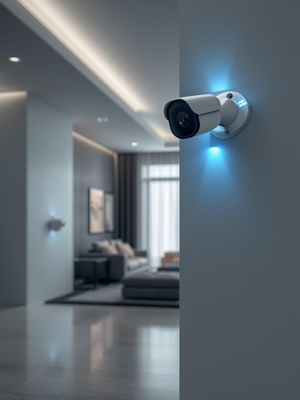 A modern white security camera mounted on a wall in a brightly lit, minimalist home interior.