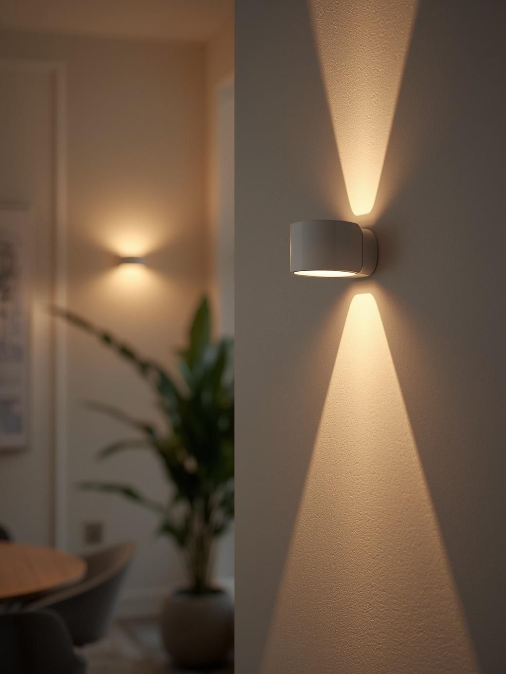 A wall-mounted cylindrical light fixture casting symmetrical, upward and downward beams of warm light on a textured wall.