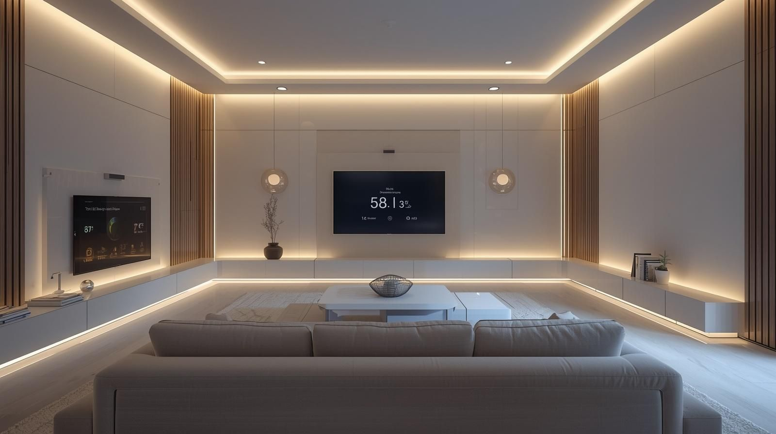 Modern living room with a neutral palette, ambient cove lighting, a central sofa, and two wall-mounted television screens.