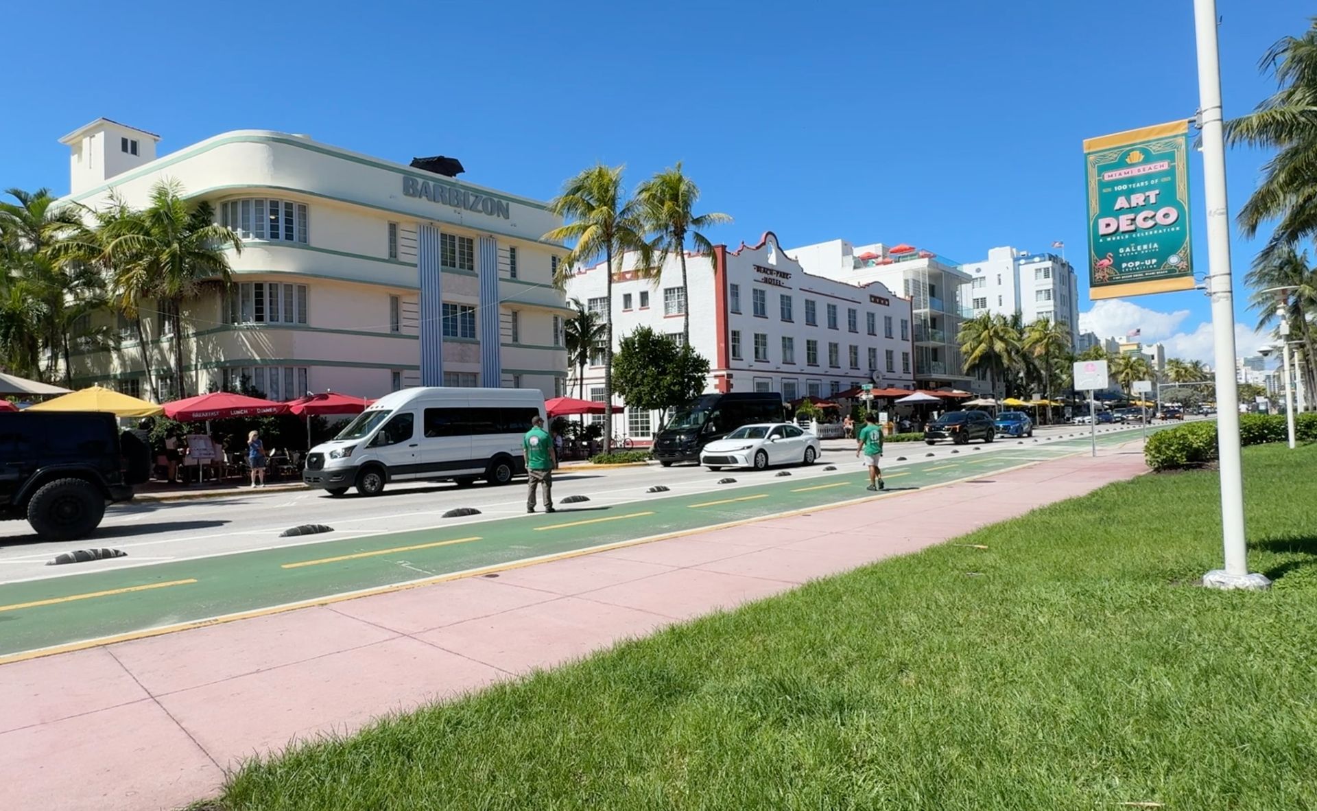 Our Miami Architecture Tour buses can be seen along Ocean Drive during the tour. 