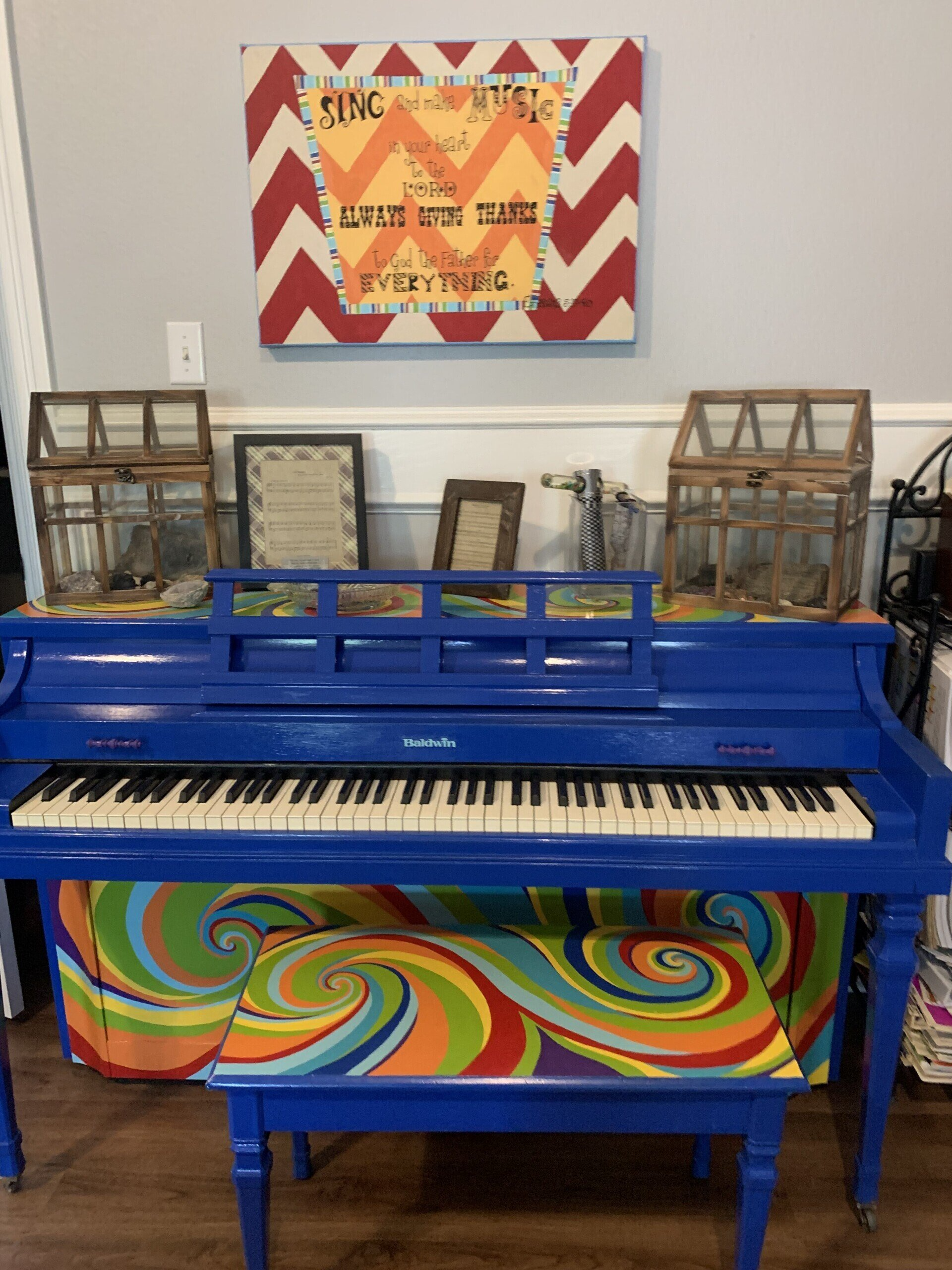 creatively painted piano used for piano lessons by Mrs. KT