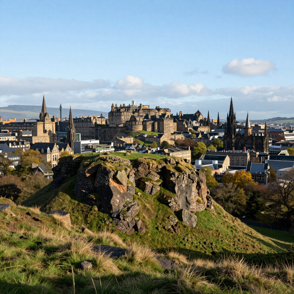 Panoramic view of Edinburgh Castle and city skyline from a grassy rocky hill under a blue sky