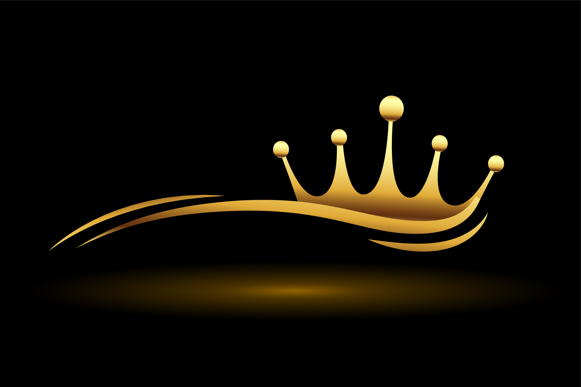 Gold crown logo with a sweeping curve on a black background