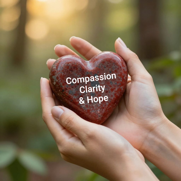 Hands holding a granite heart that has the words compassion, clarity and hope