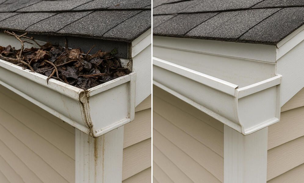 Gutter before and after cleaning: one full of leaves, the other empty and clean.
