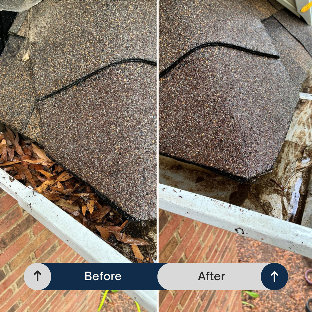 Comparison of a gutter before and after cleaning: leaves and debris removed from the gutter.