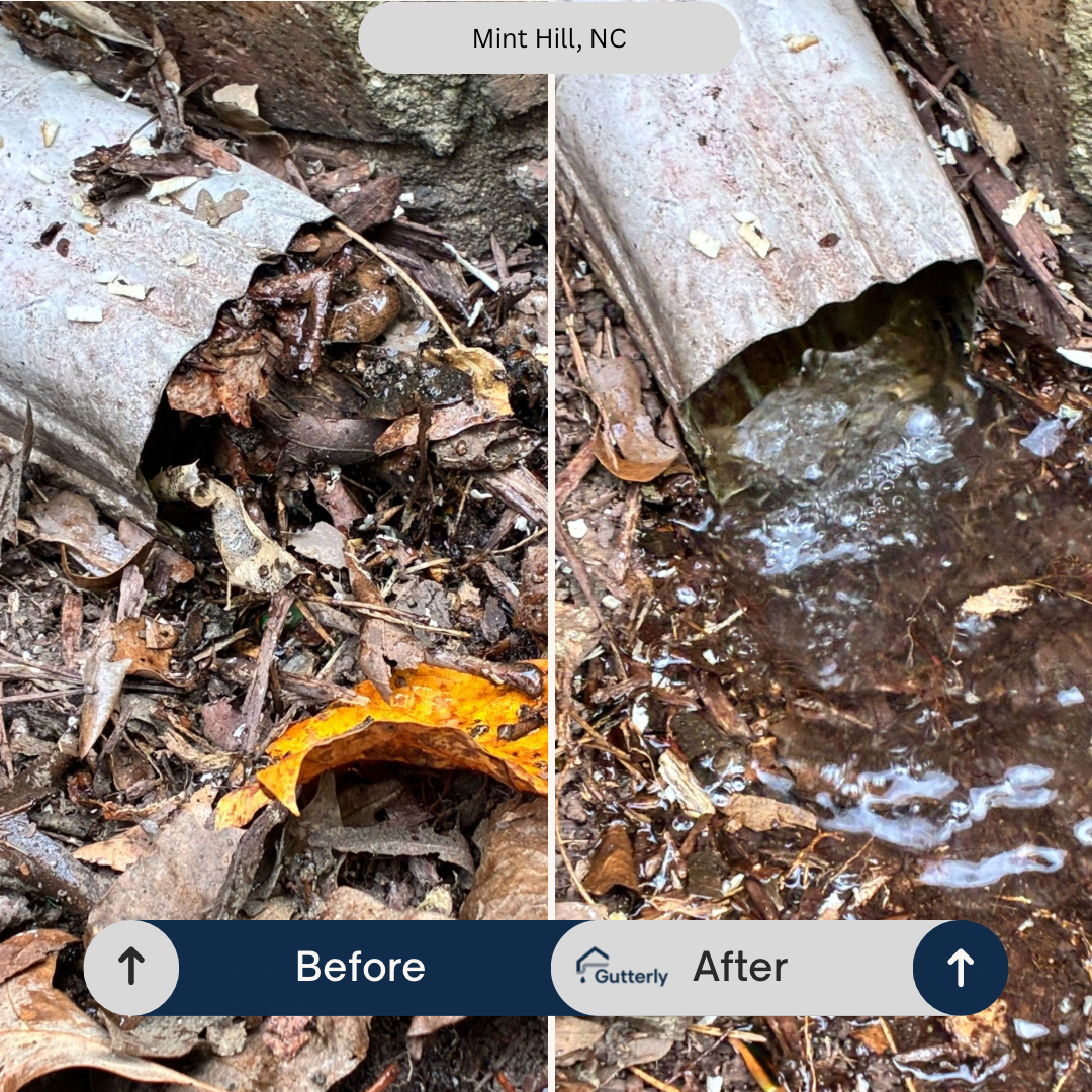 Before and after of a damaged downspout, surrounded by debris, that is leaking water.