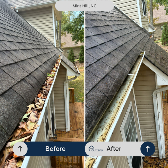 Gutter cleaning before and after in Mint Hill, NC. Shows a roof with debris-filled gutters and then clean gutters.