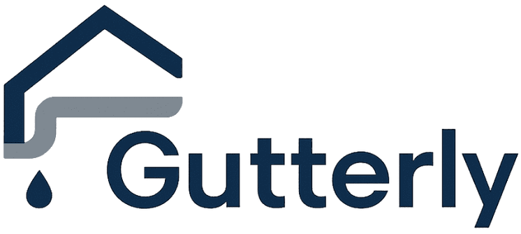 Logo for Gutterly, featuring a house outline and gutter, with a water droplet. The word 
