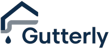 Logo for Gutterly, featuring a house outline and gutter, with a water droplet. The word 