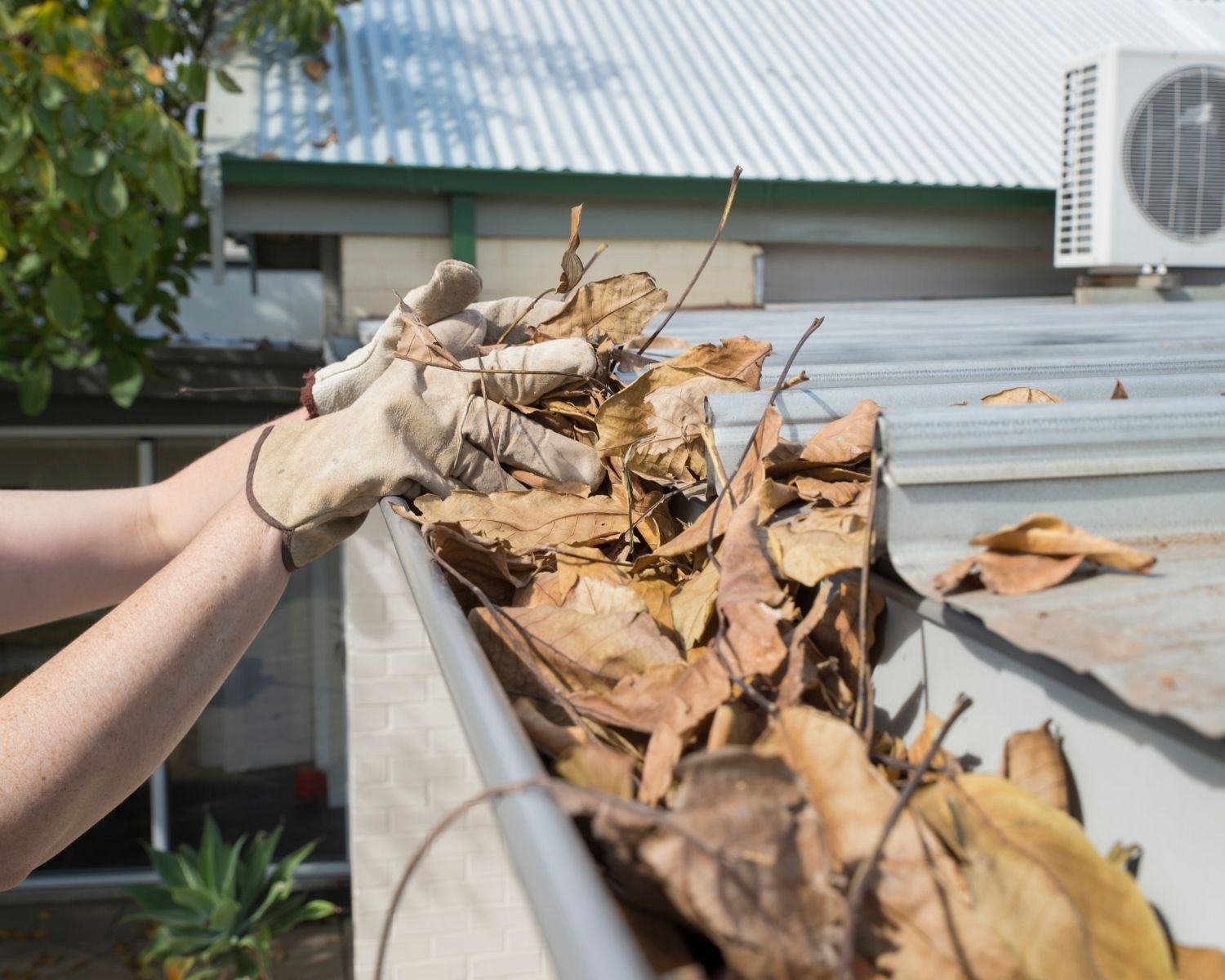 Person wearing gloves cleaning leaves from a gutter on a house roof.