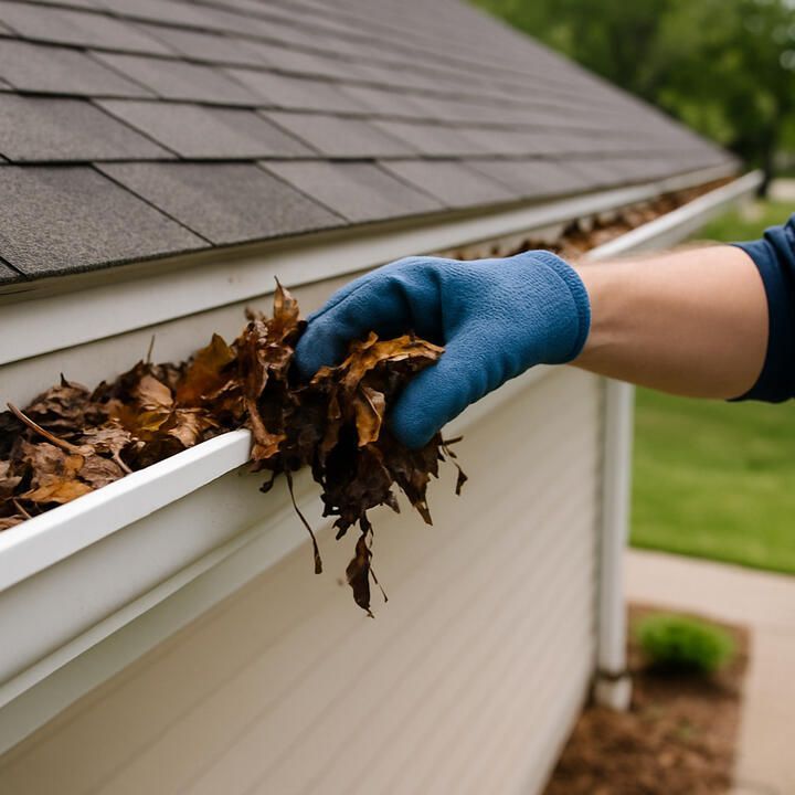Hand in blue glove cleaning leaves from a white gutter.