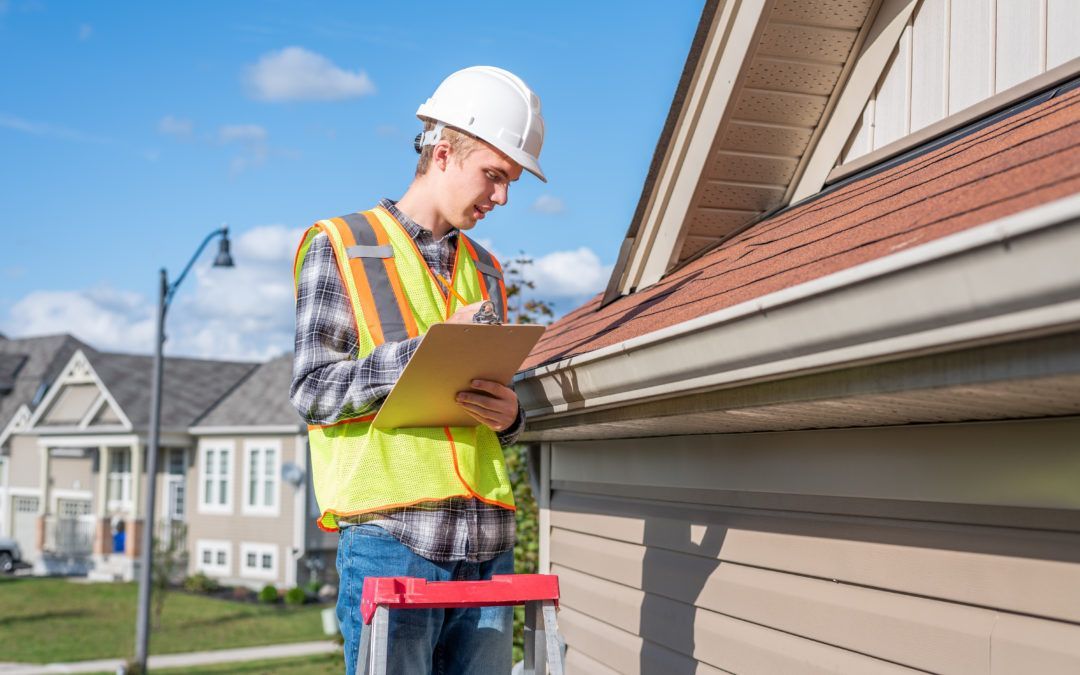 Man in safety vest and hard hat inspecting a house gutter, holding a clipboard.