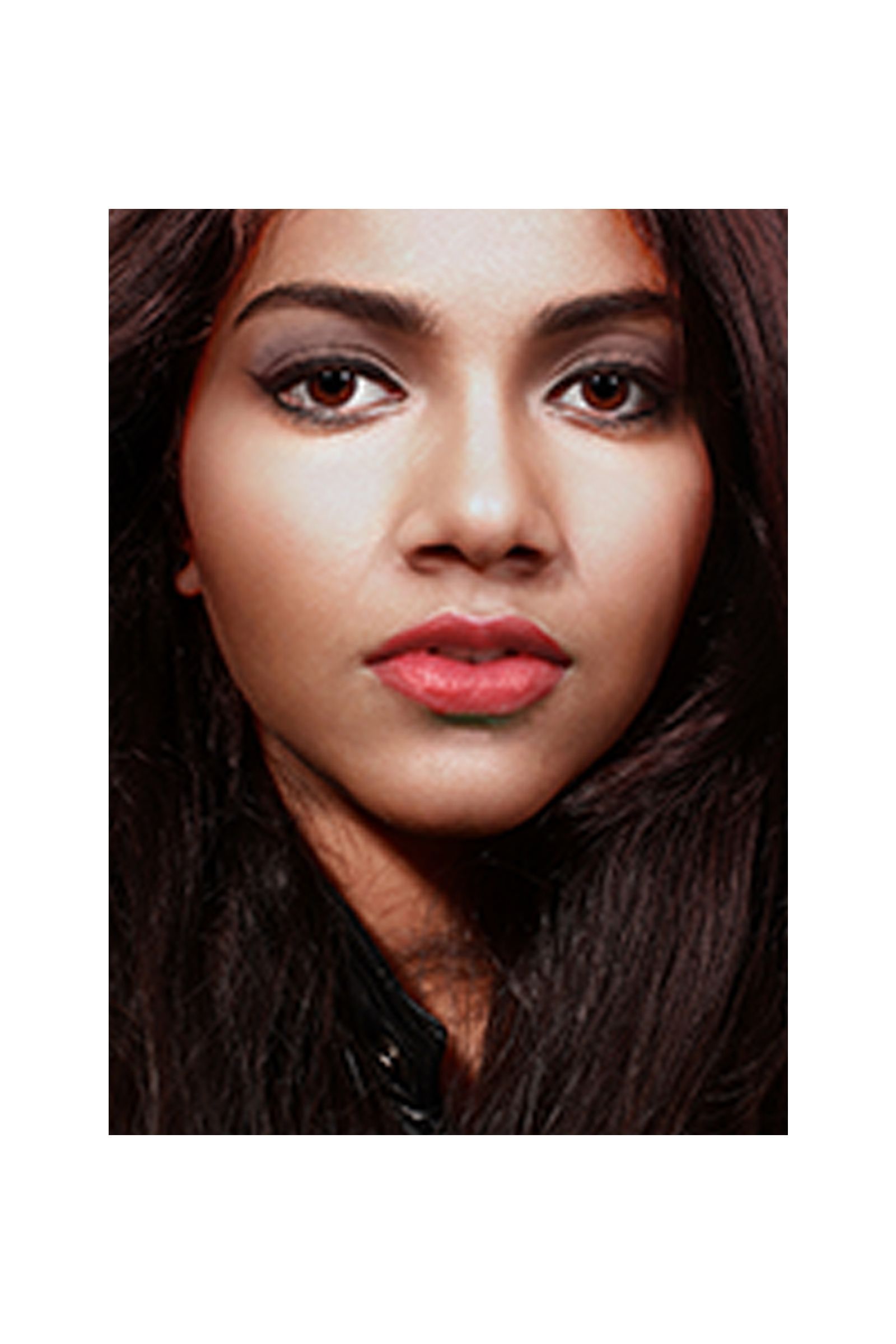 A close up of a woman 's face with red lipstick on her lips.