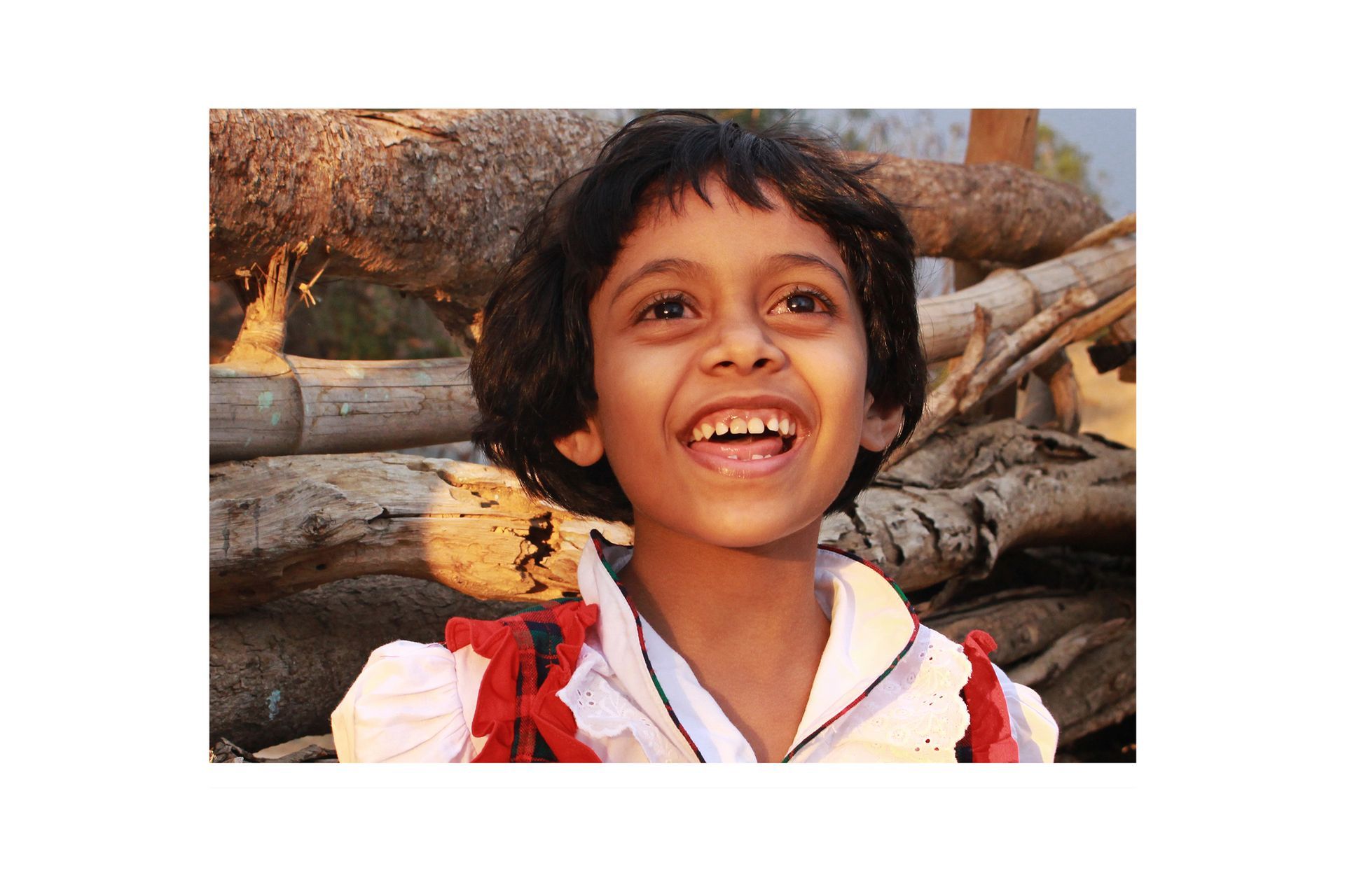 A little girl is smiling in front of a pile of logs.