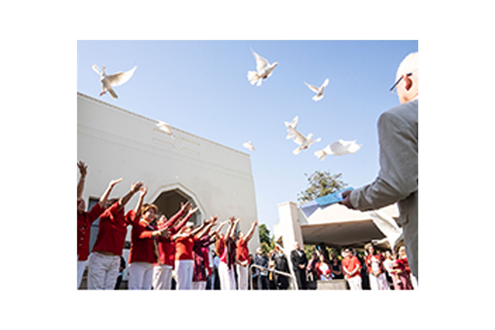 A group of people are standing in front of a building while a man releases pigeons into the air.