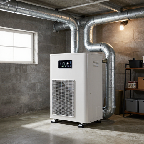 White industrial HVAC unit in a concrete utility room with exposed ductwork and a small window.