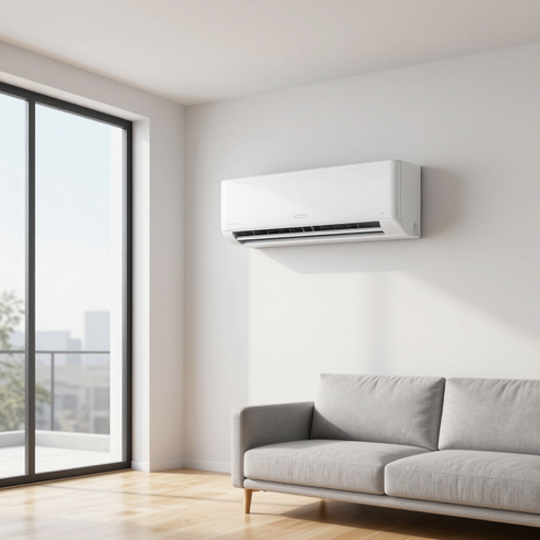Modern living room with a gray sofa, wall-mounted air conditioner, and large balcony window