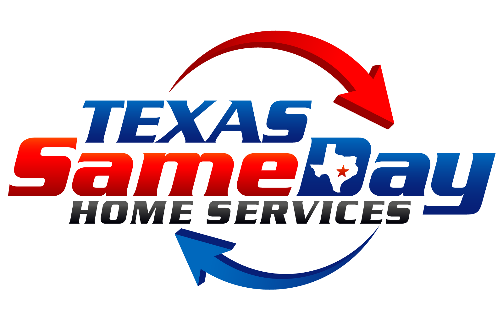 Texas SameDay Home Services logo with circling arrows; red and blue text and Texas outline.
