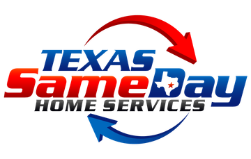Texas SameDay Home Services logo with circling arrows; red and blue text and Texas outline.