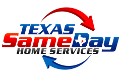 Texas SameDay Home Services logo with circling arrows; red and blue text and Texas outline.