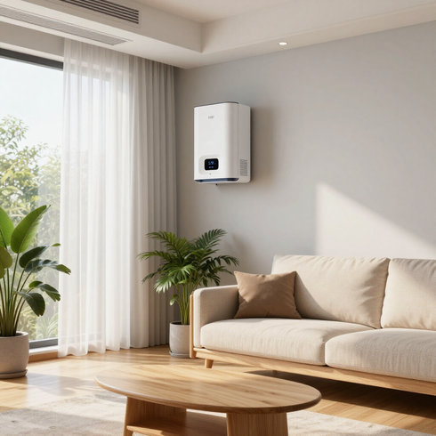 Sunlit modern living room with beige sofa, wooden coffee table, plants, and wall-mounted heater